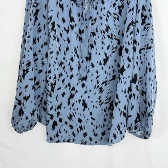 Womens Plus Size 3XL Allover Print Tie Neck Blouse Long Sleeves Dusty Blue - Picture 12 of 16